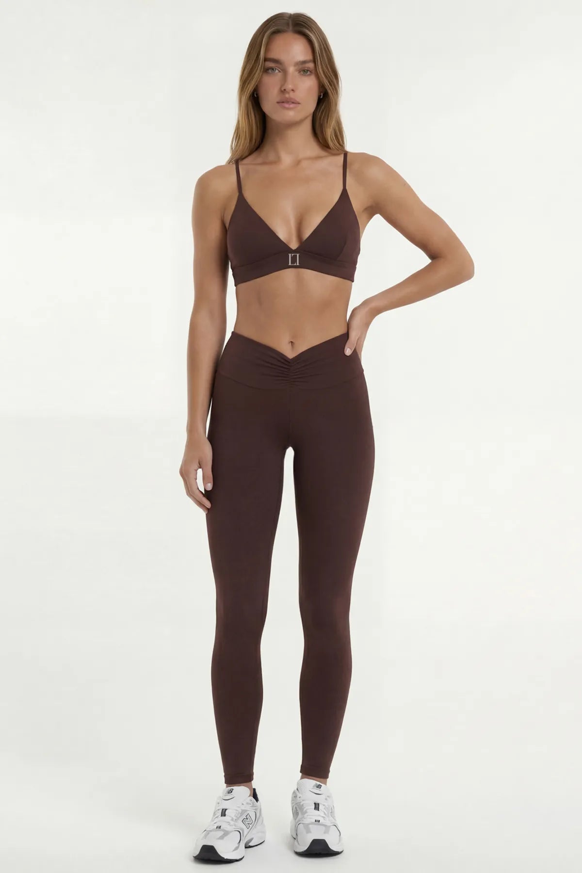 Önü Büzgülü Uzun Spor Tayt - Kahverengi