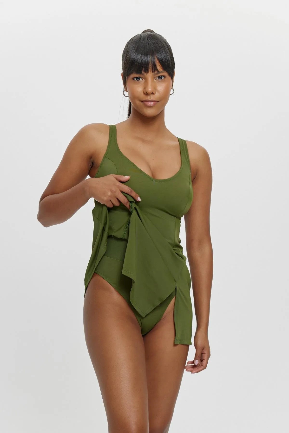 M12030 Kare Yaka Elbiseli Mayo - Haki