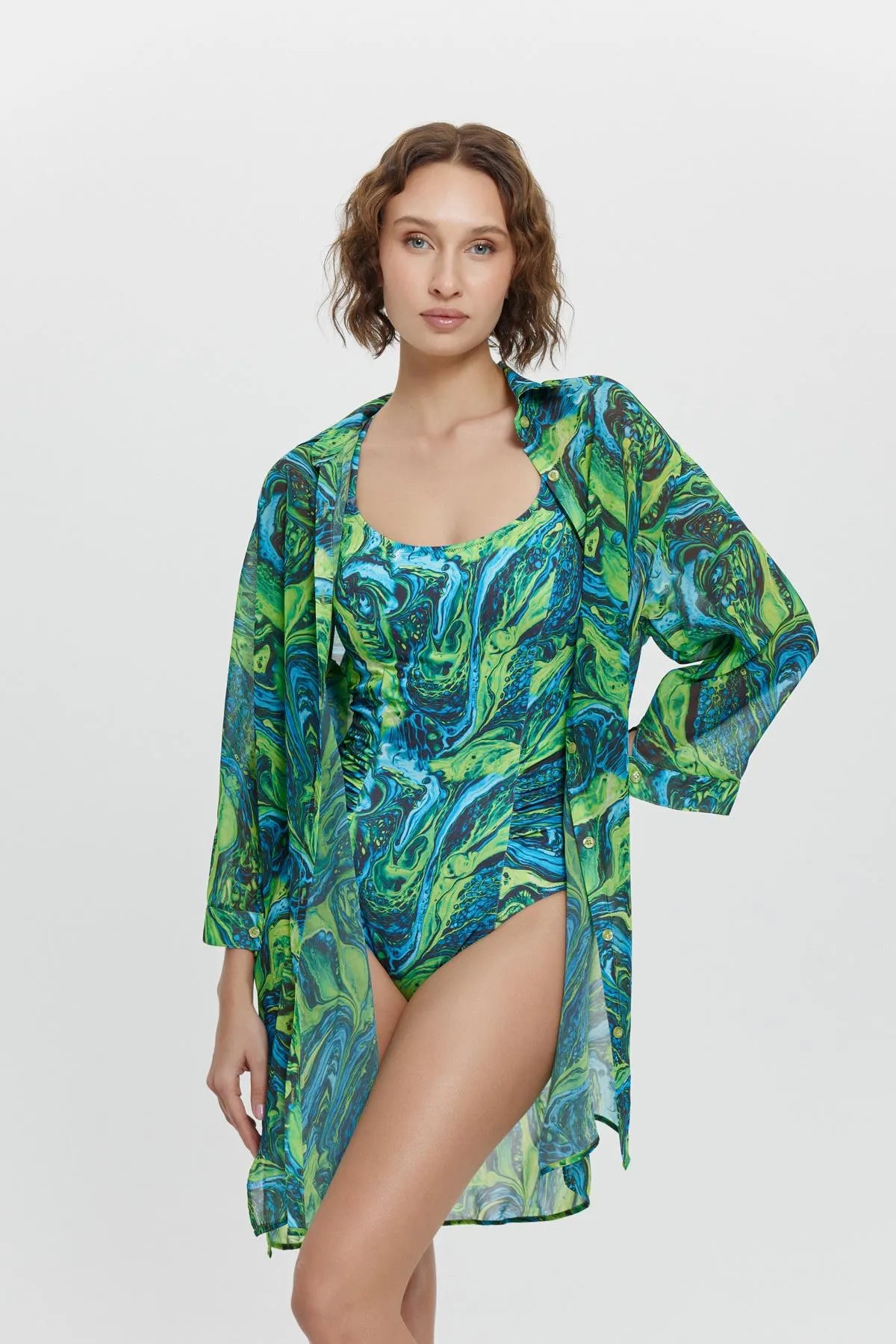 P15089 U/K Şifon Gömlek Pareo - Yeşil