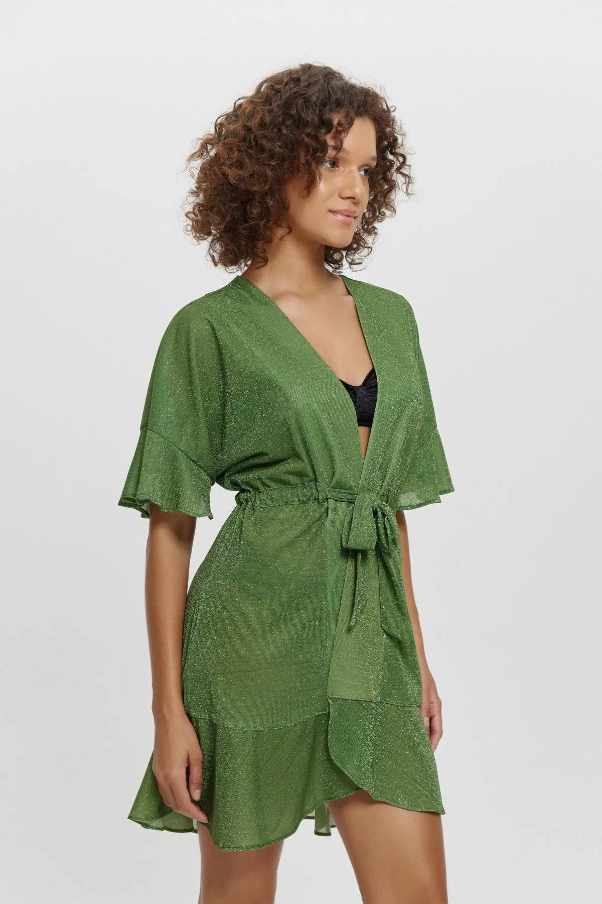 P15096 Simli Fırfırlı Kısa Kimono - Haki