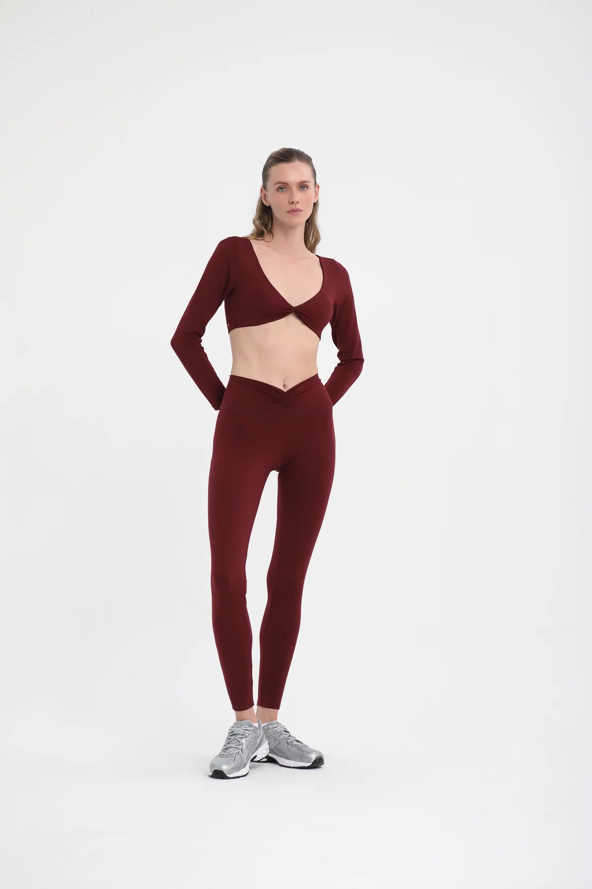 Önü Büzgülü Uzun Spor Tayt - Bordo