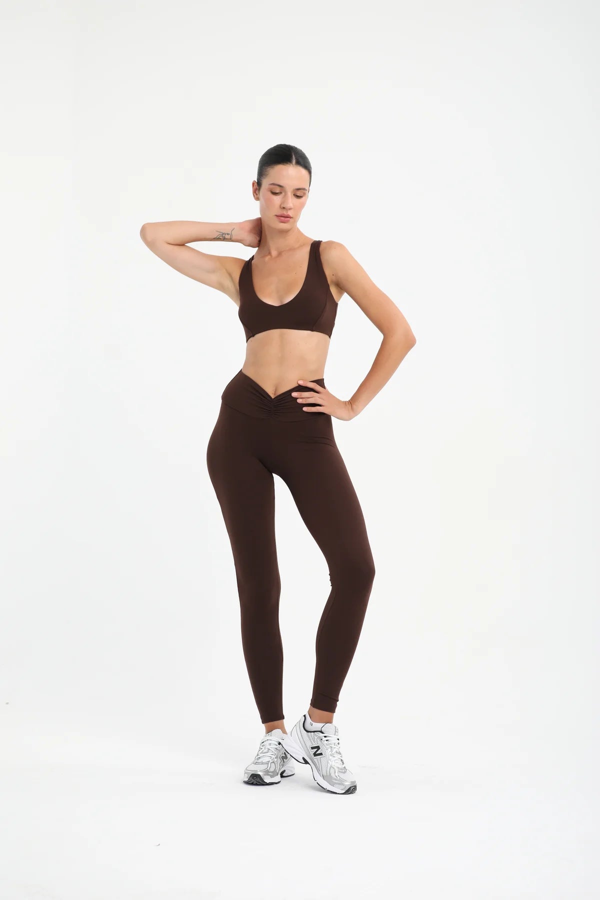 Önü Büzgülü Uzun Spor Tayt - Kahverengi