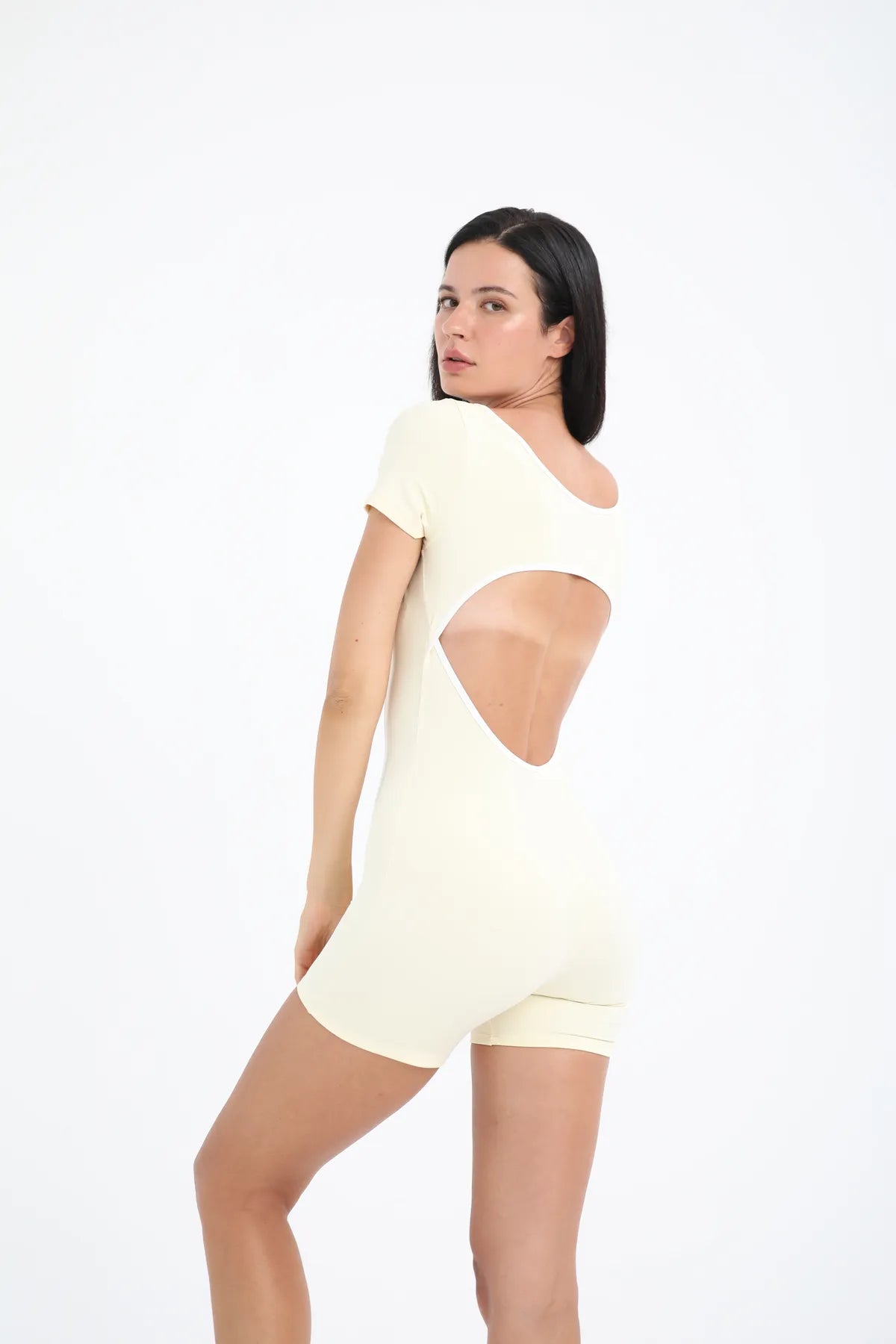 Kontrast Dikişli Kısa Spor Tulum - Sarı