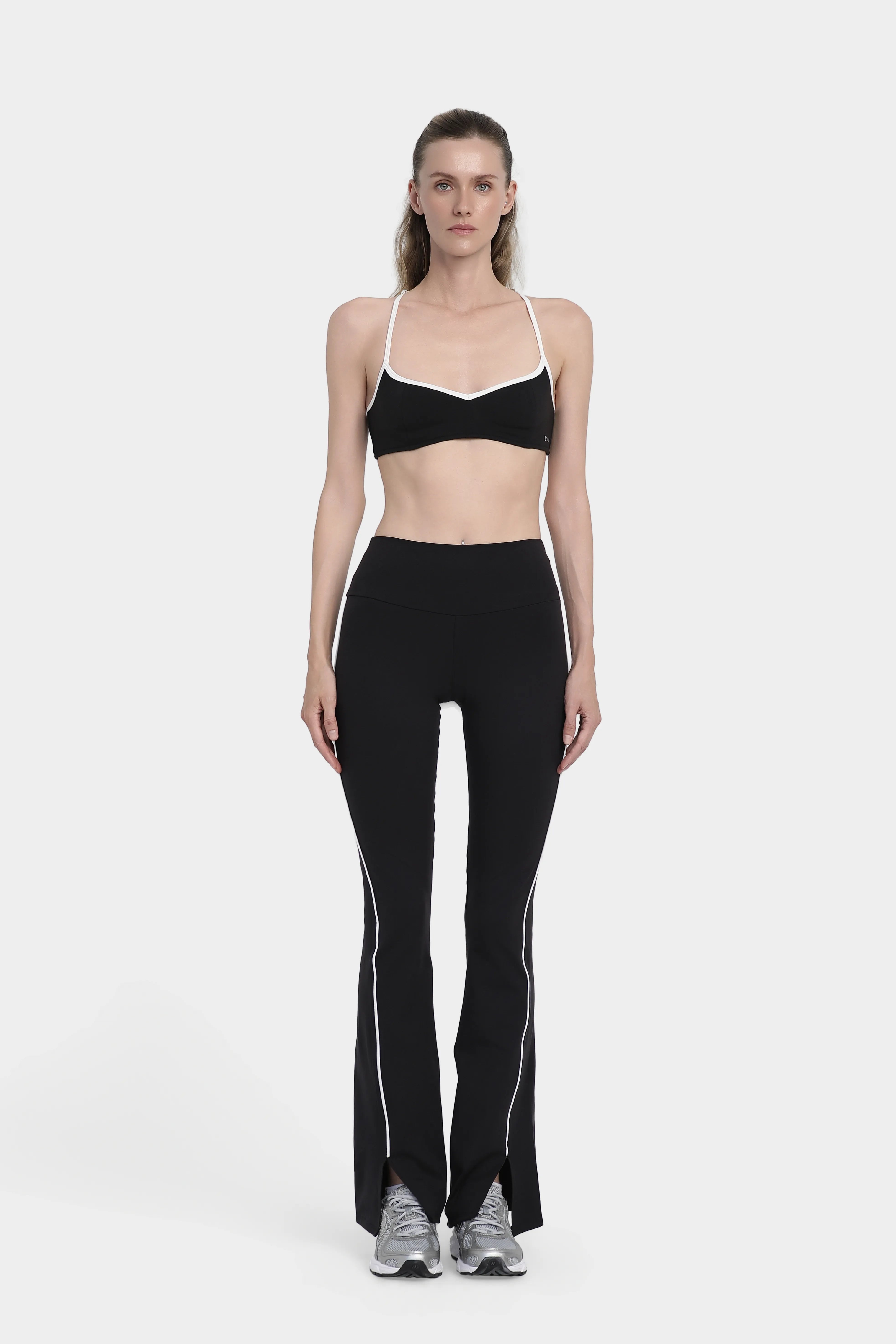 Kontrast Dikişli Yüksek Bel Spor Tayt - Siyah