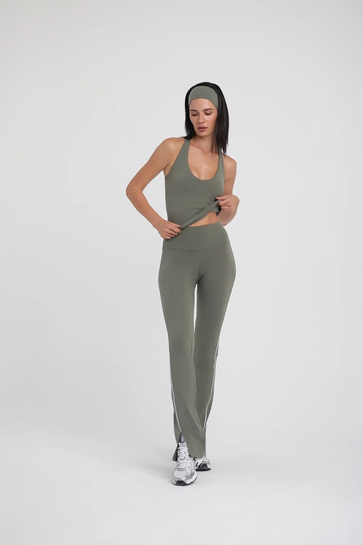 Kontrast Dikişli Yüksek Bel Spor Tayt - Yeşil