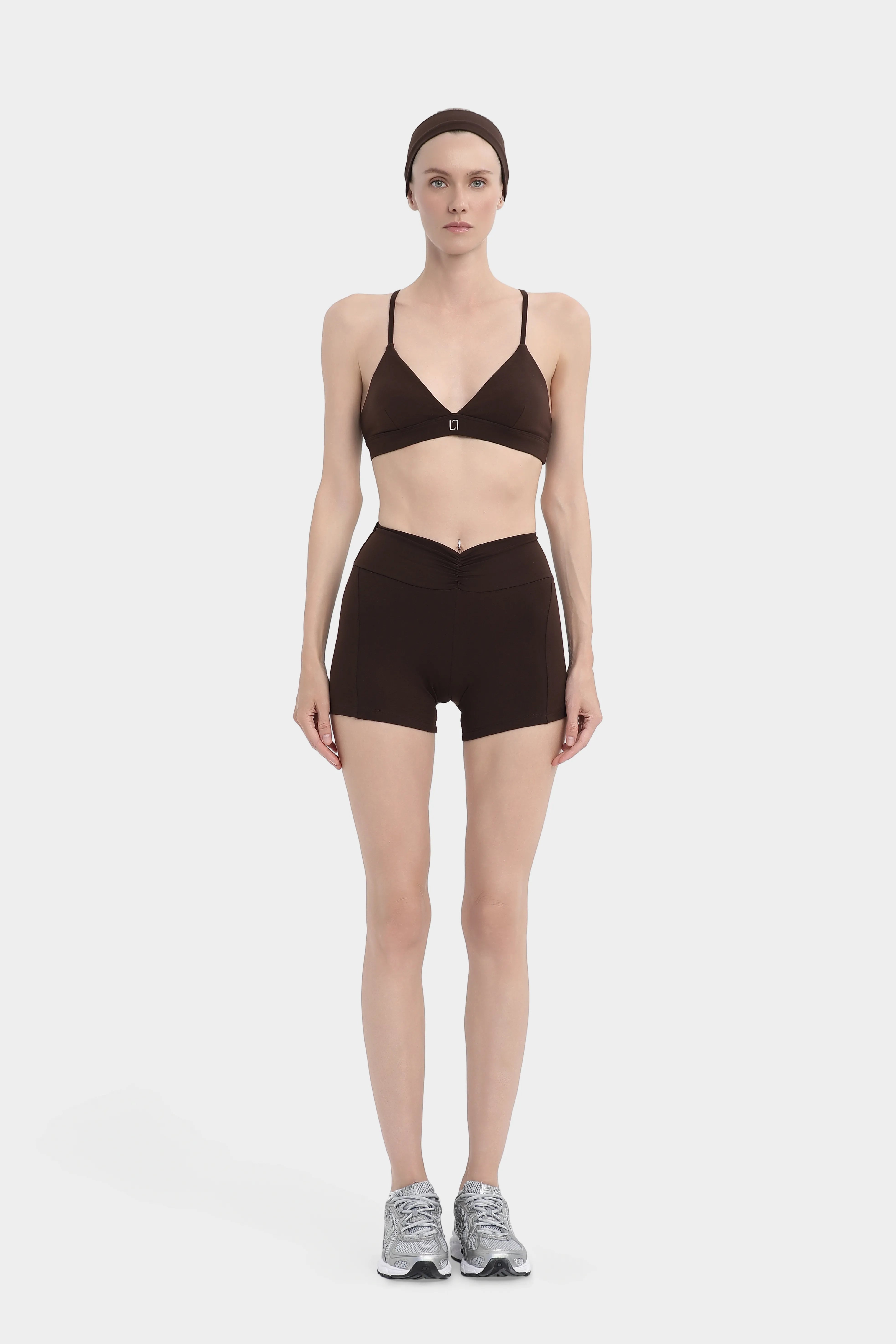 Üçgen Kesim İnce Askılı Spor Bra - Kahverengi