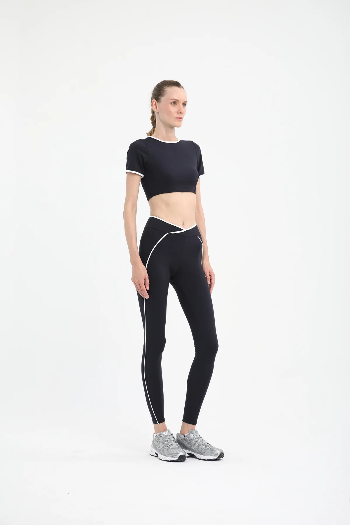 Beyaz Biyeli Yüksek Bel Uzun Spor Tayt - Lacivert