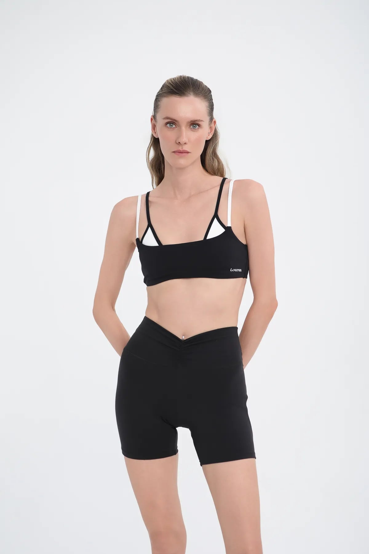 Kontrast Dikiş Detaylı Yüksek Bel Kısa Tayt - Siyah