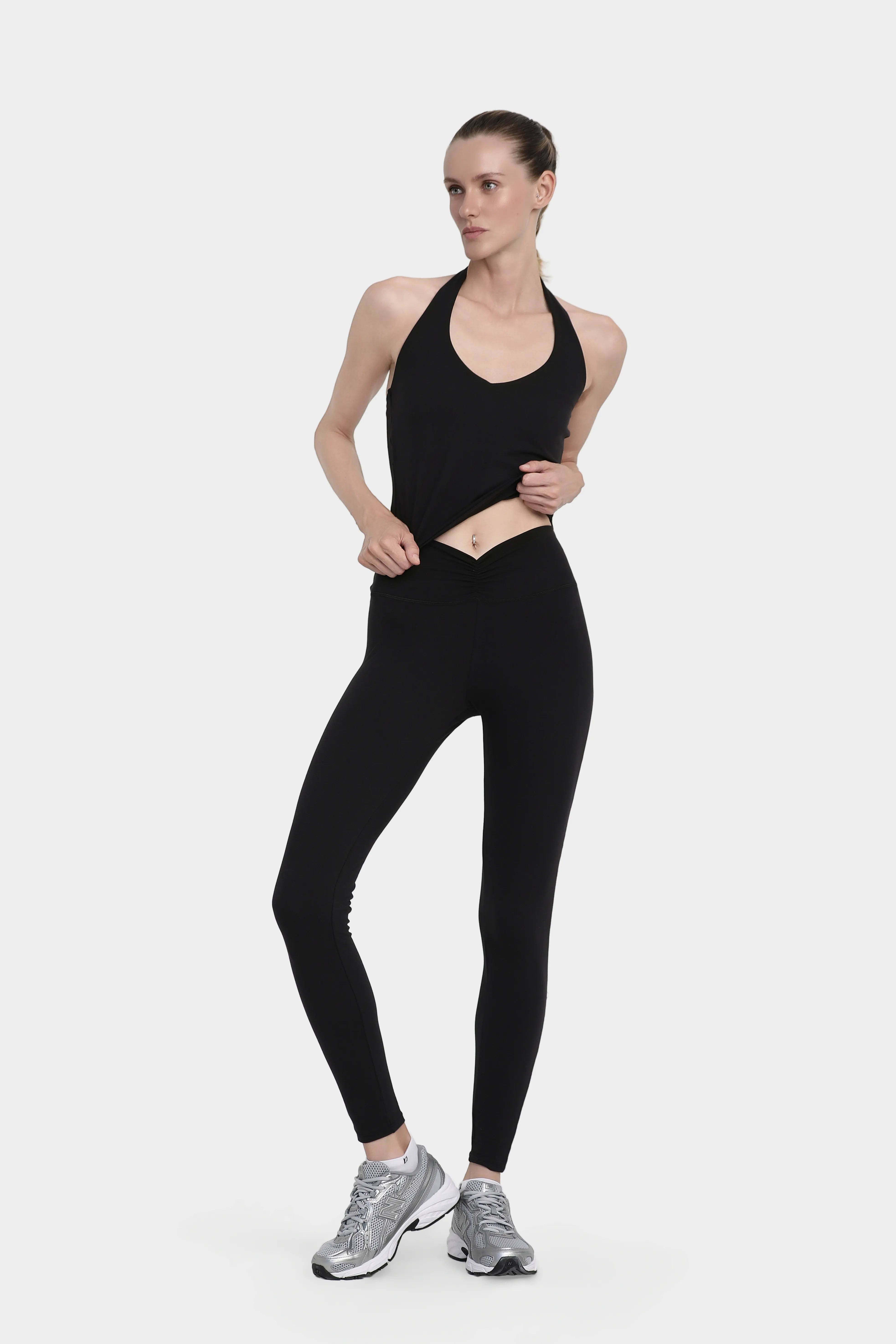 Kontrast Dikiş Detaylı Yüksek Bel Uzun Tayt - Siyah