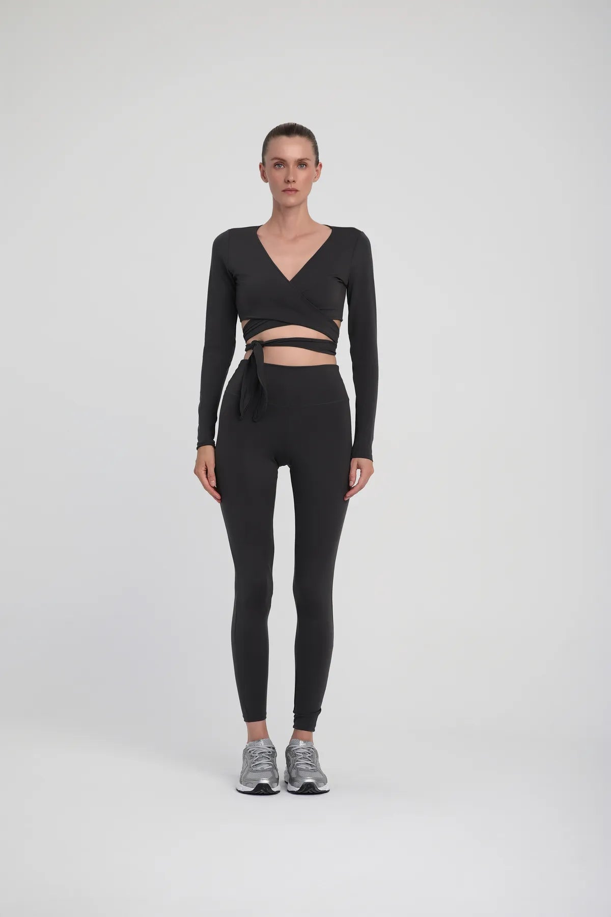 Büzgü Detaylı Yüksek Bel Spor Tayt - Antrasit