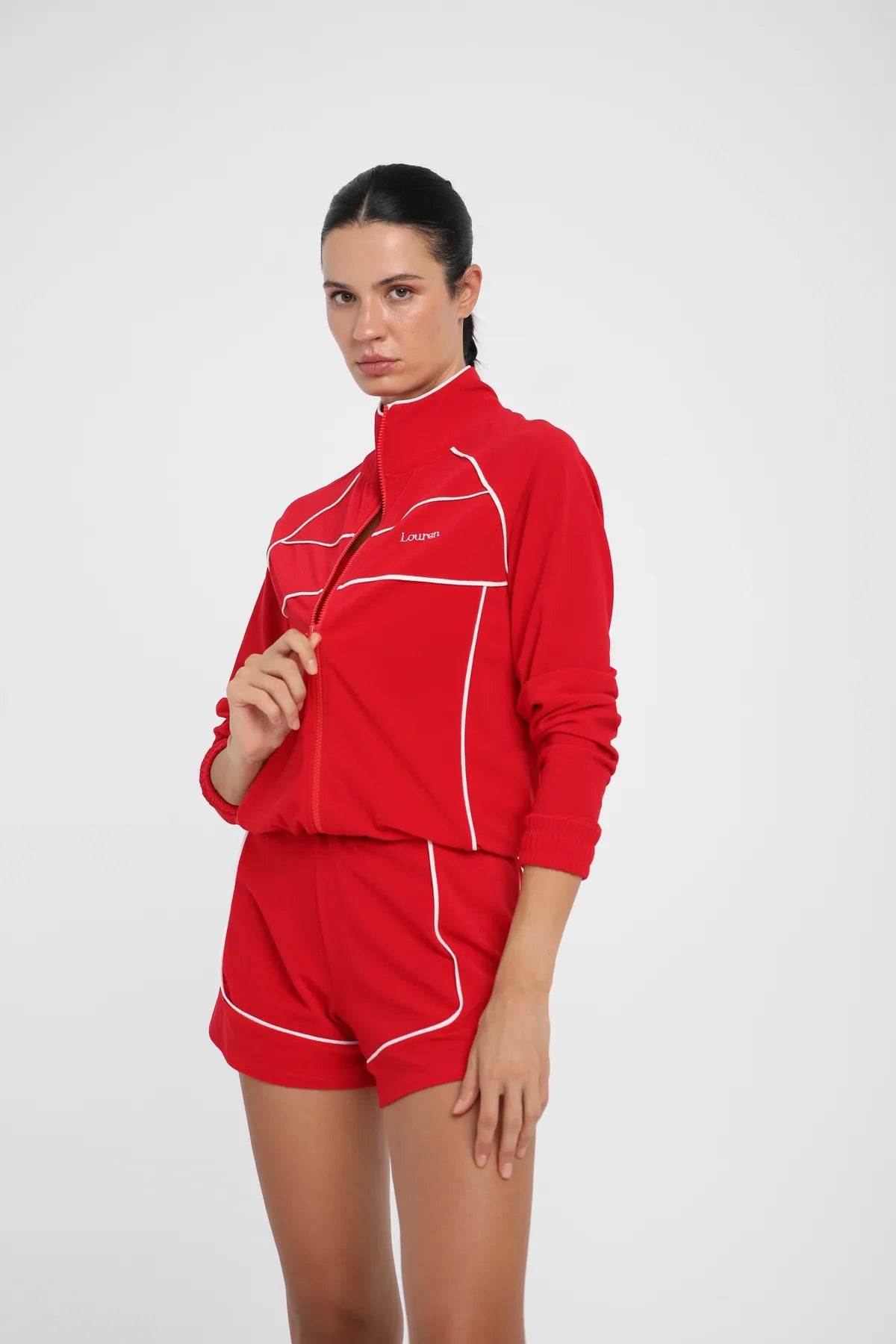 Kontrast Biyeli Fermuarlı Sweatshirt - Kırmızı