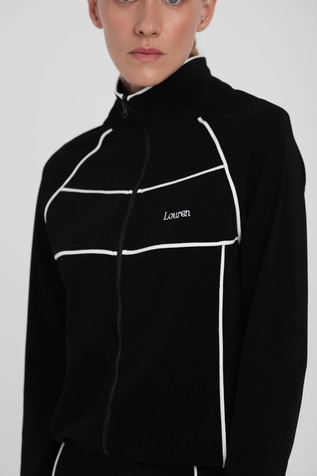 Kontrast Biyeli Fermuarlı Sweatshirt - Siyah