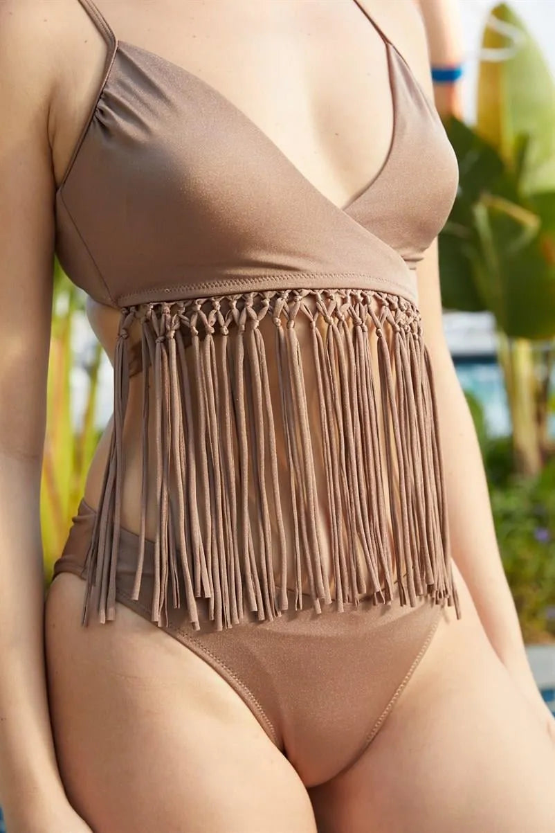Kahverengi Püsküllü Bikini Takımı - Kahverengi