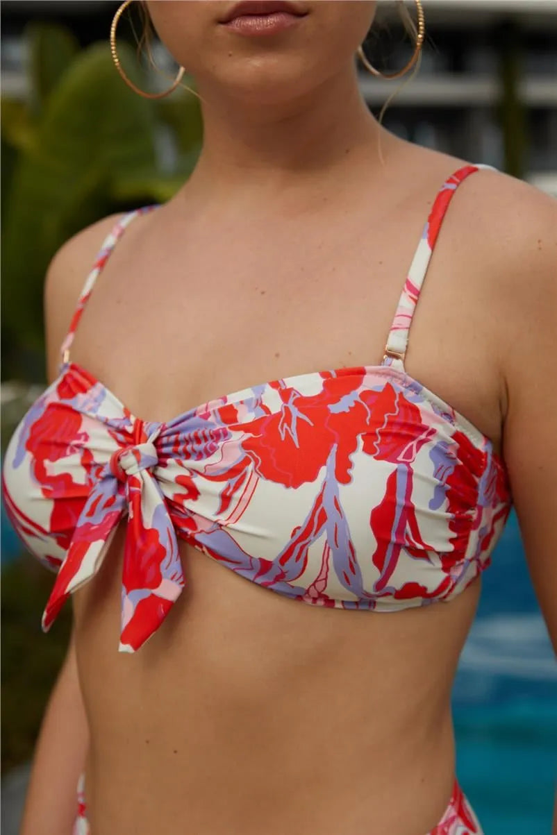 Straplez Lüleli Bağcıklı Bikini Takımı - Kırmızı