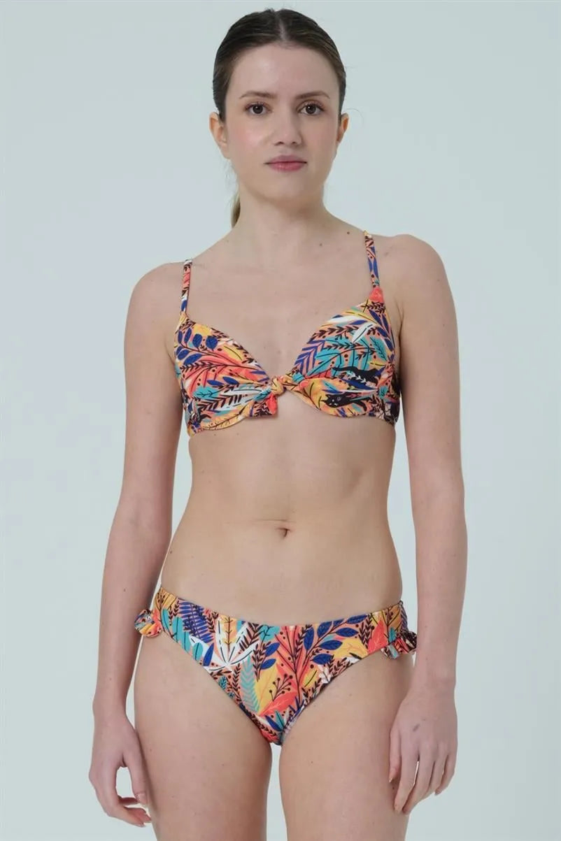 Tropikal Desenli Dolgulu Bikini Takımı - Çok Renkli, Fırfır Detaylı - Turuncu