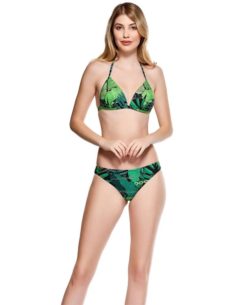 Kaplı Üçgen Bikini Takımı - Yeşil Yapraklı Tasarım