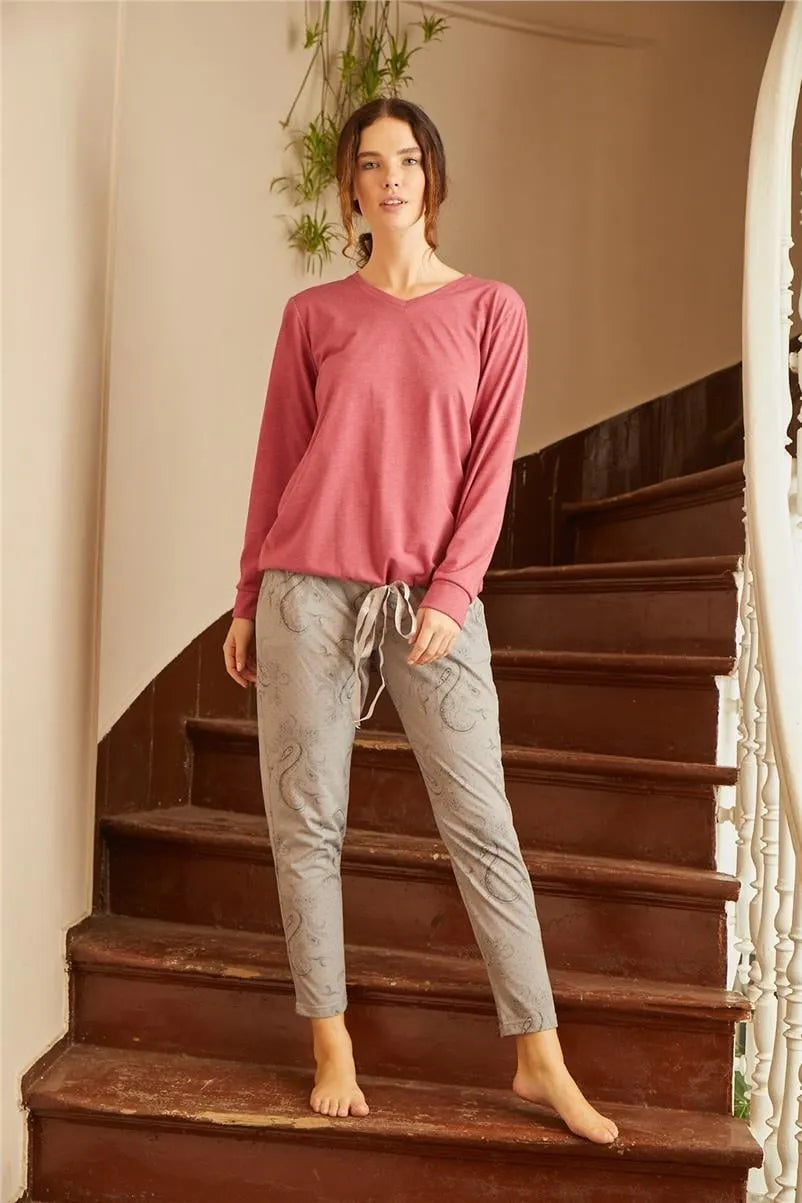V Yaka Emprime Pijama Takımı - Gri