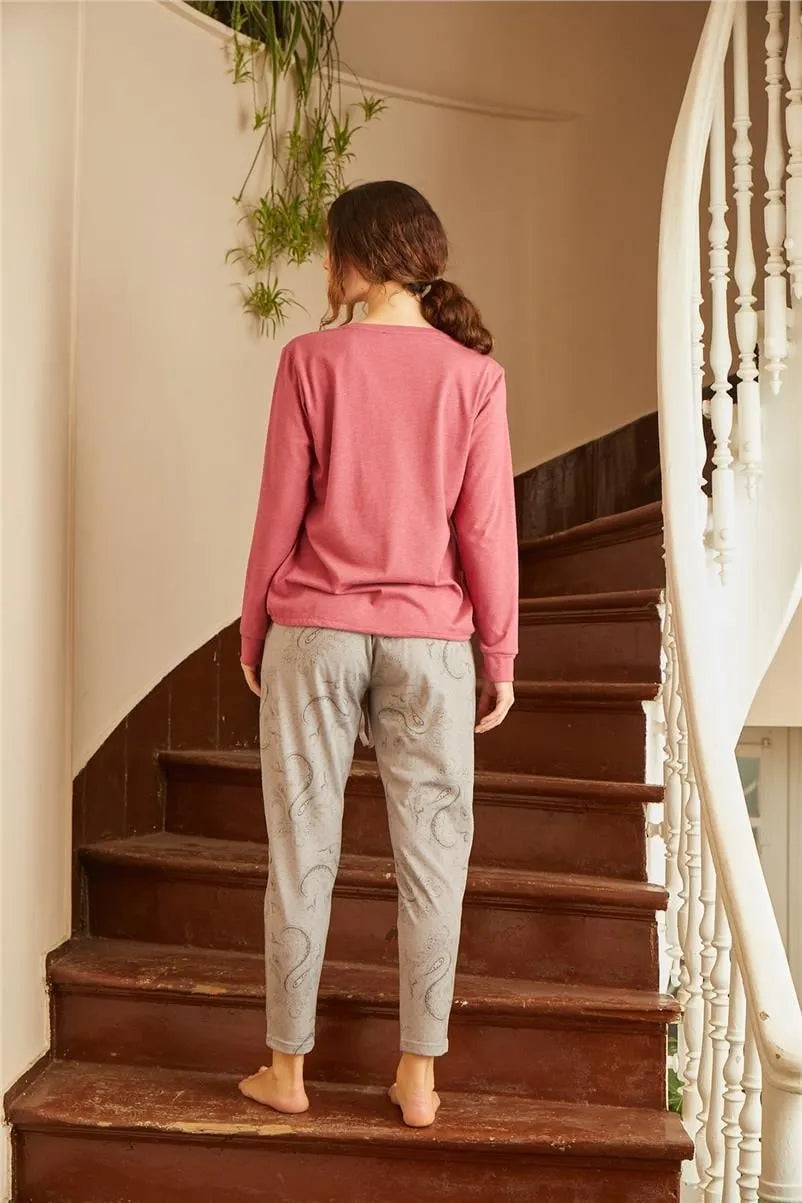 V Yaka Emprime Pijama Takımı - Gri