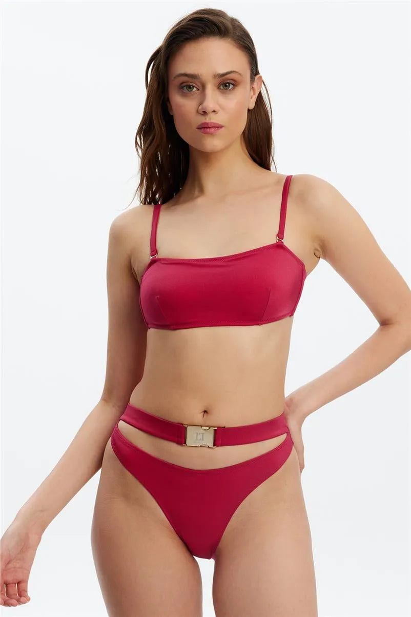 B1726 Tokalı Straplez Bikini Takım - Fuşya