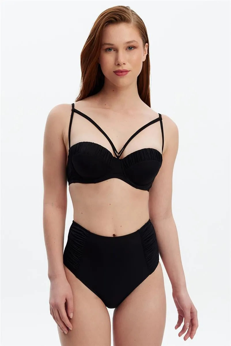 Kaplı Drapeli Bikini Takımı – Straplez, Toparlayıcı ve Şık Tasarım - Siyah