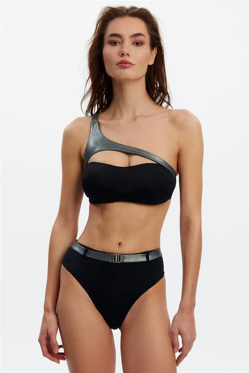 NB1762 Tek Omuz Bikini Takım - Siyah