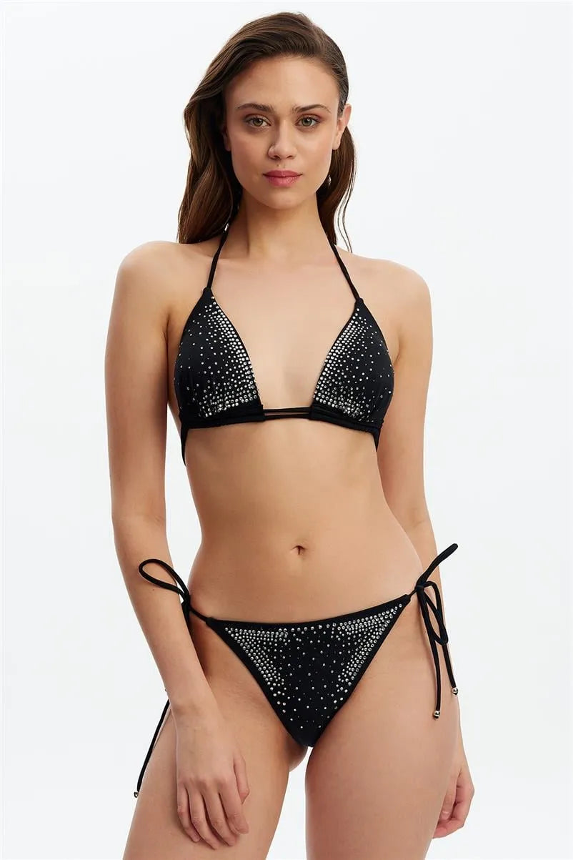 Çizgili Siyah İp Askılı Mikro Bikini Takımı