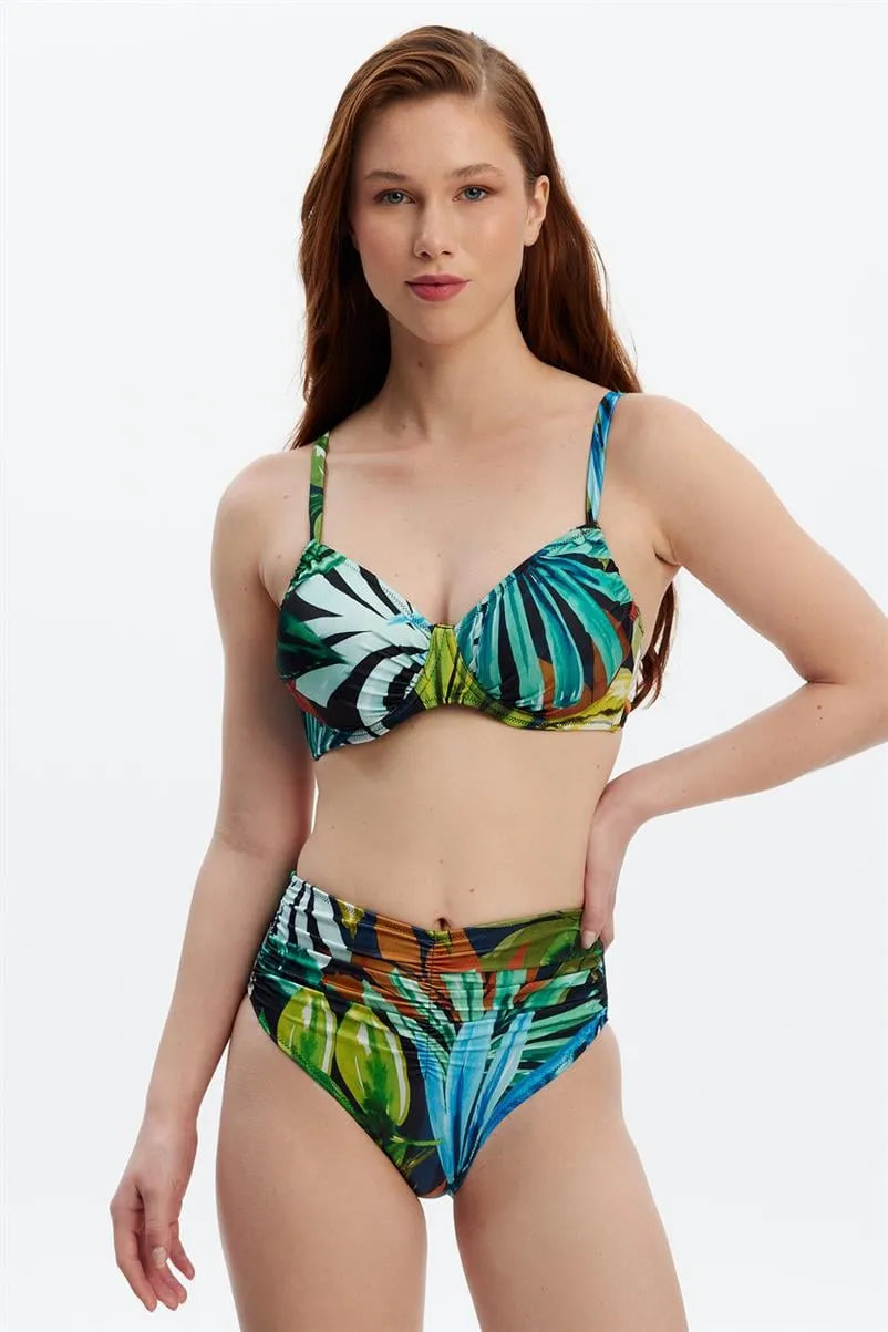 Bikini Üstü Haki Tropikal Desenli Toparlayıcı Balenli - Ayarlanabilir Askılı