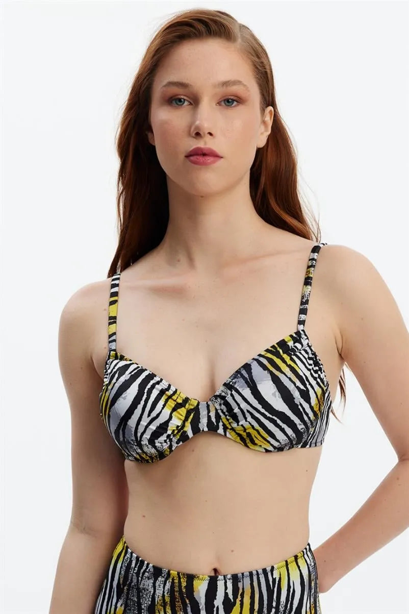 Antrasit Zebra Desenli Asansörlü Toparlayıcı Balenli Bikini Üstü - Ayarlanabilir Askılı