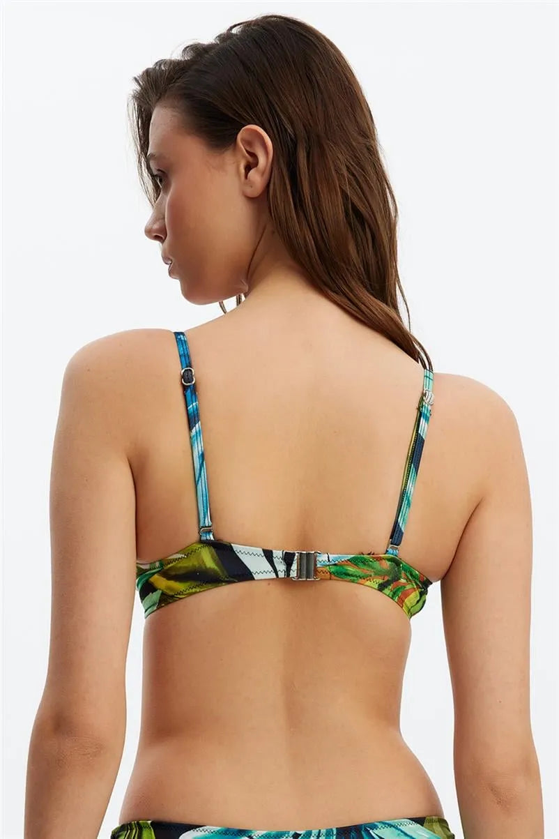 Tropikal Desenli Dönmeli Detaylı Desteksiz Bikini Üstü - Haki