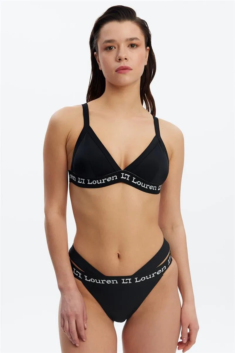 Üçgen Kesim Logolu Sporcu Bikini Takımı - Siyah