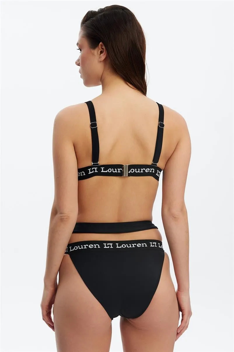 Üçgen Kesim Logolu Sporcu Bikini Takımı - Siyah
