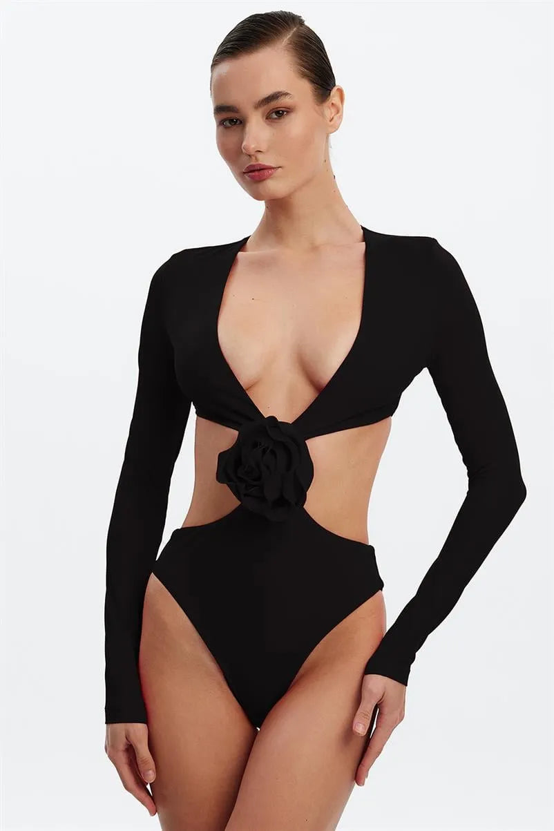Uzun Kollu Gül Detaylı Cut-Out Mayokini - Siyah