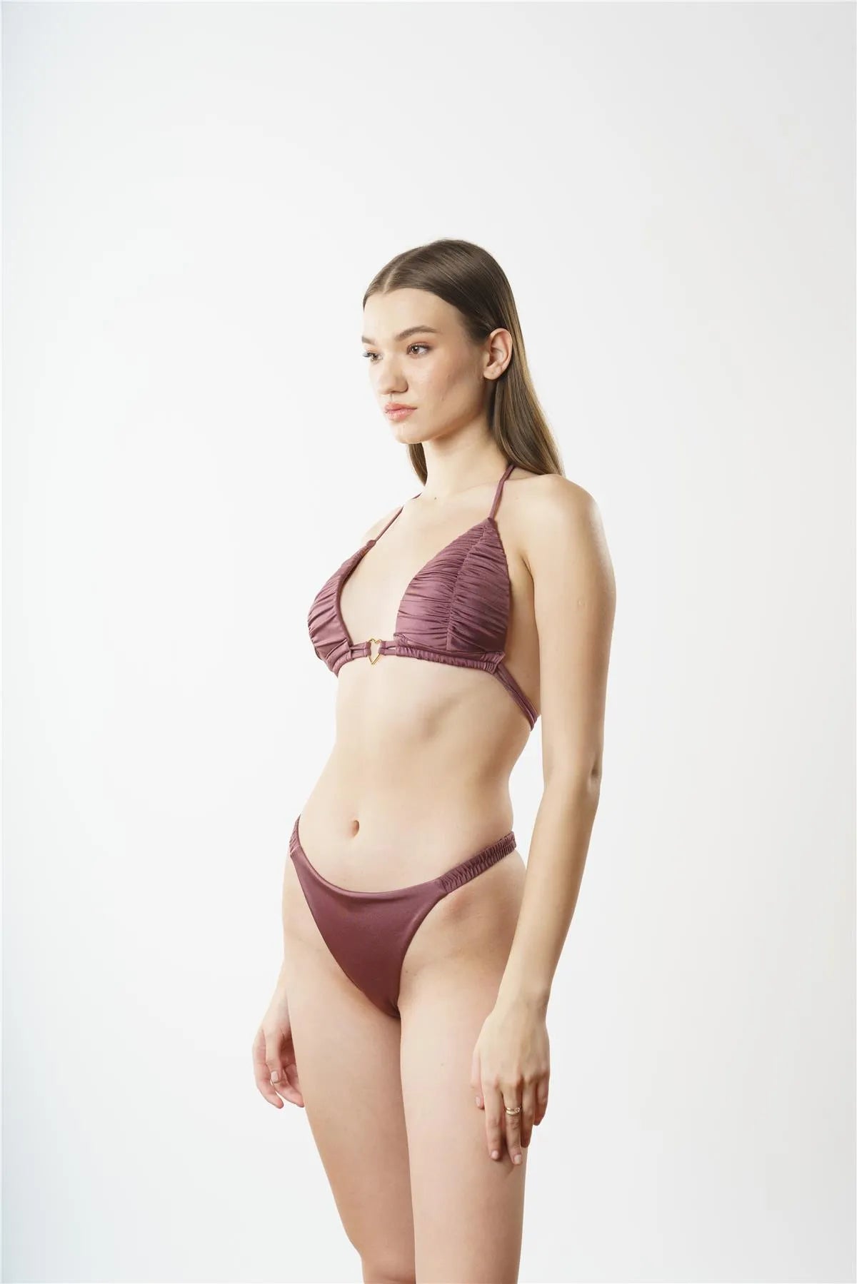 NB1822 Drapeli Boş Kap Üçgen Bikini Takımı - Mürdüm