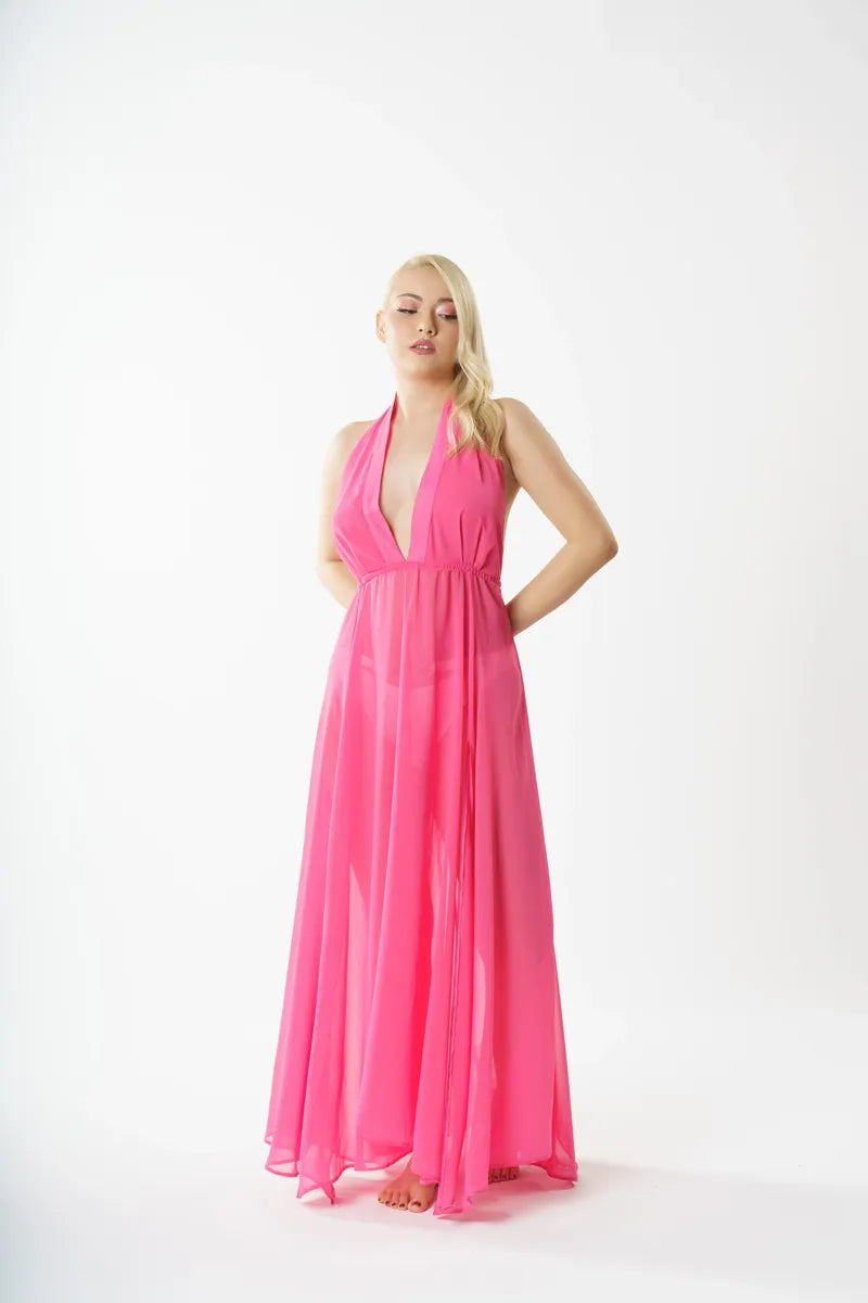 P5804 Sırt Dekolteli V Yaka Elbise Pareo - Pembe