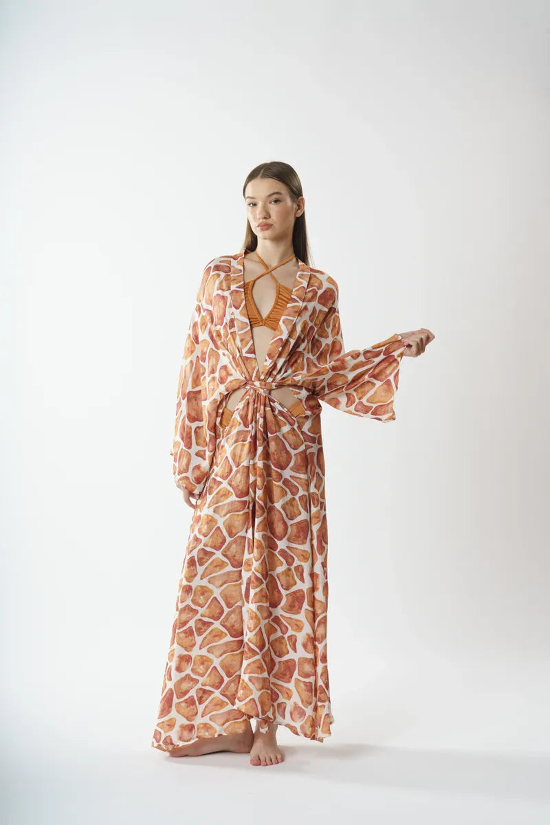 P5809 Pencere Detaylı Kimono Pareo - Bej