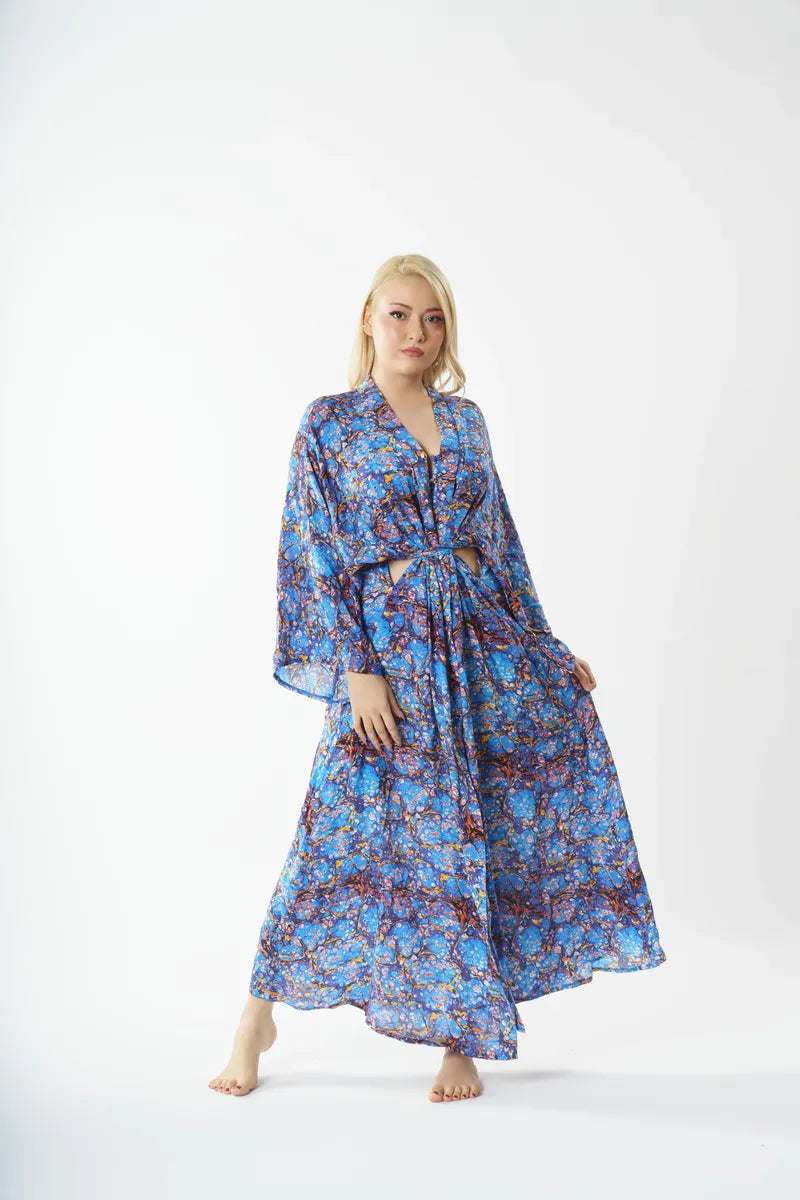 P5809 Pencere Detaylı Kimono Pareo - Mavi
