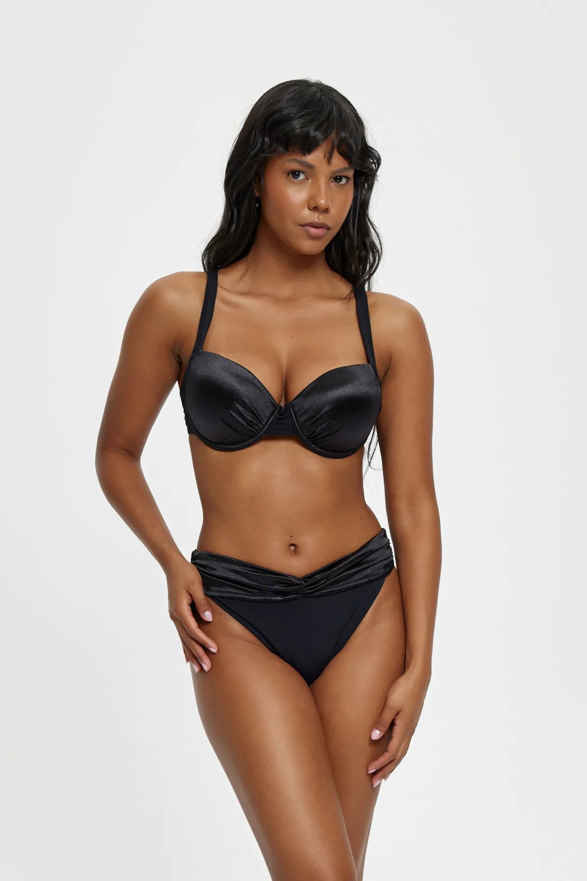 B11044 Boş Kaplı Saten Detay Bikini Takım - Siyah
