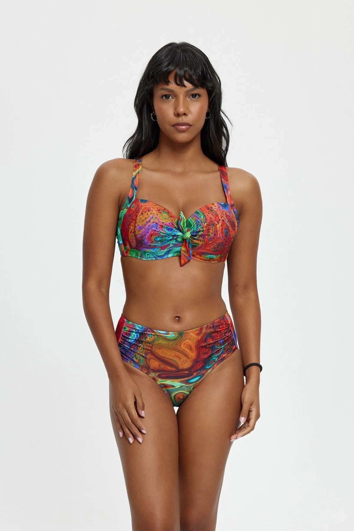 B11061 Toparlayıcı Boş Kaplı Taş Detaylı Bikini Takımı - Kırmızı