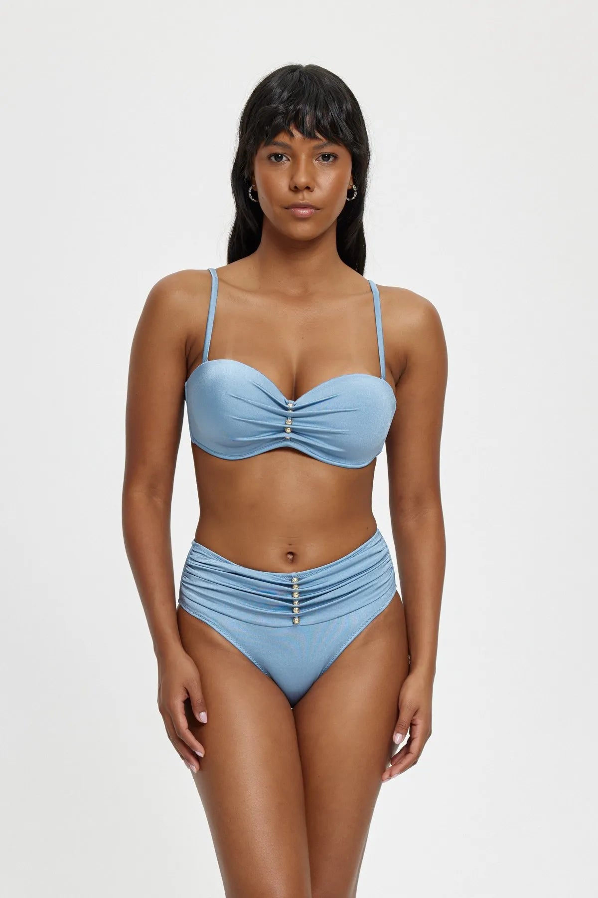 B11090 Straplez Boş Kaplı Boncuklu Bikini Takımı - Mavi