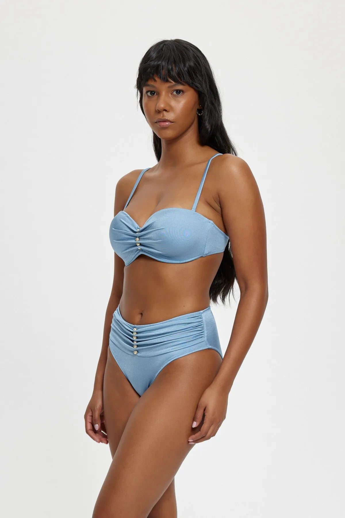B11090 Straplez Boş Kaplı Boncuklu Bikini Takımı - Mavi
