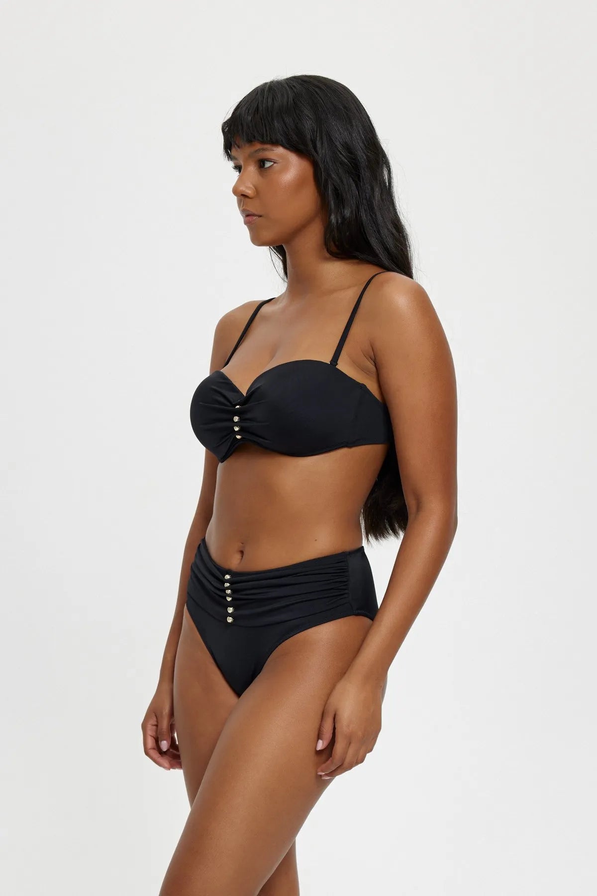 B11090 Straplez Boş Kaplı Boncuklu Bikini Takımı - Siyah