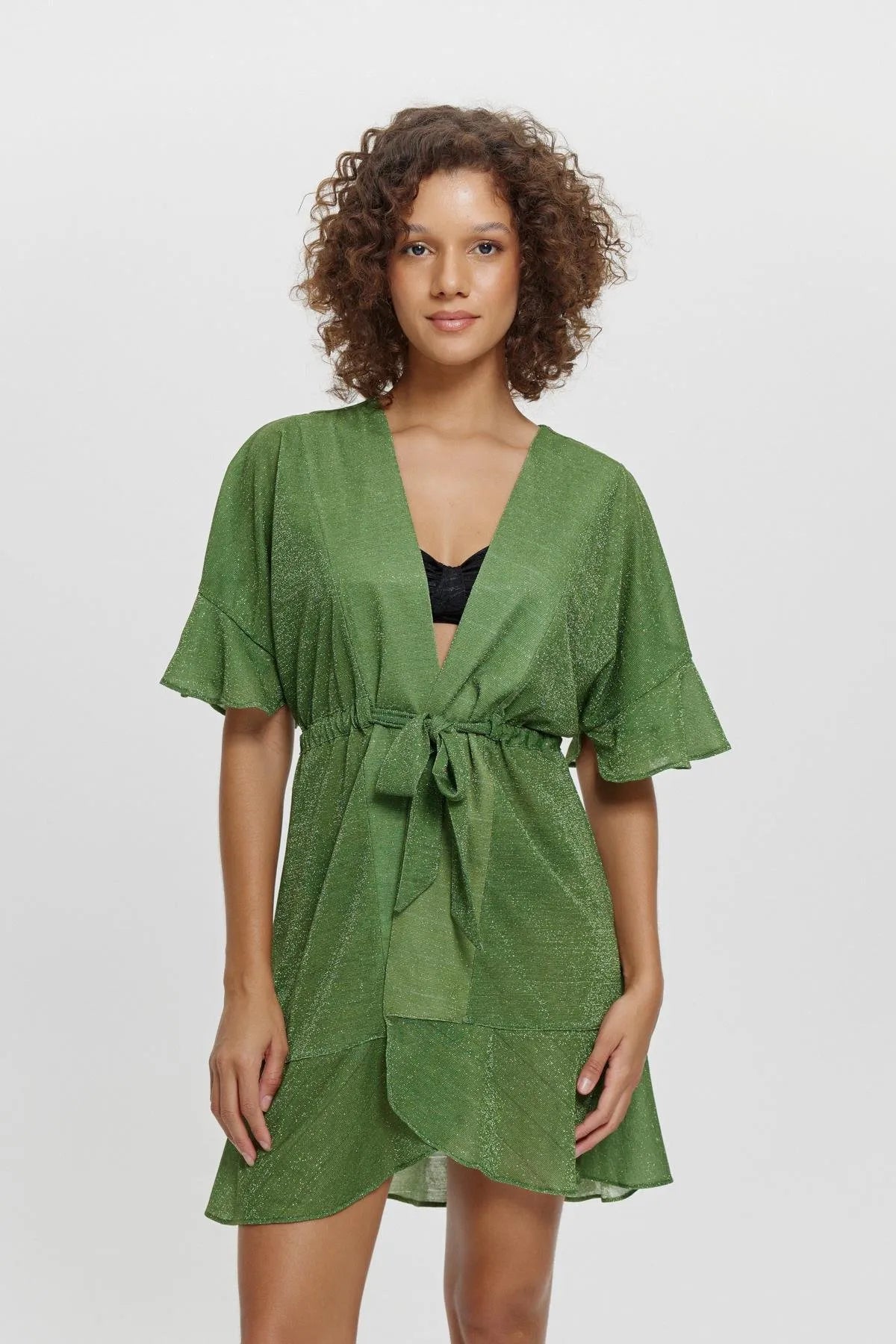P15096 Simli Fırfırlı Kısa Kimono - Haki