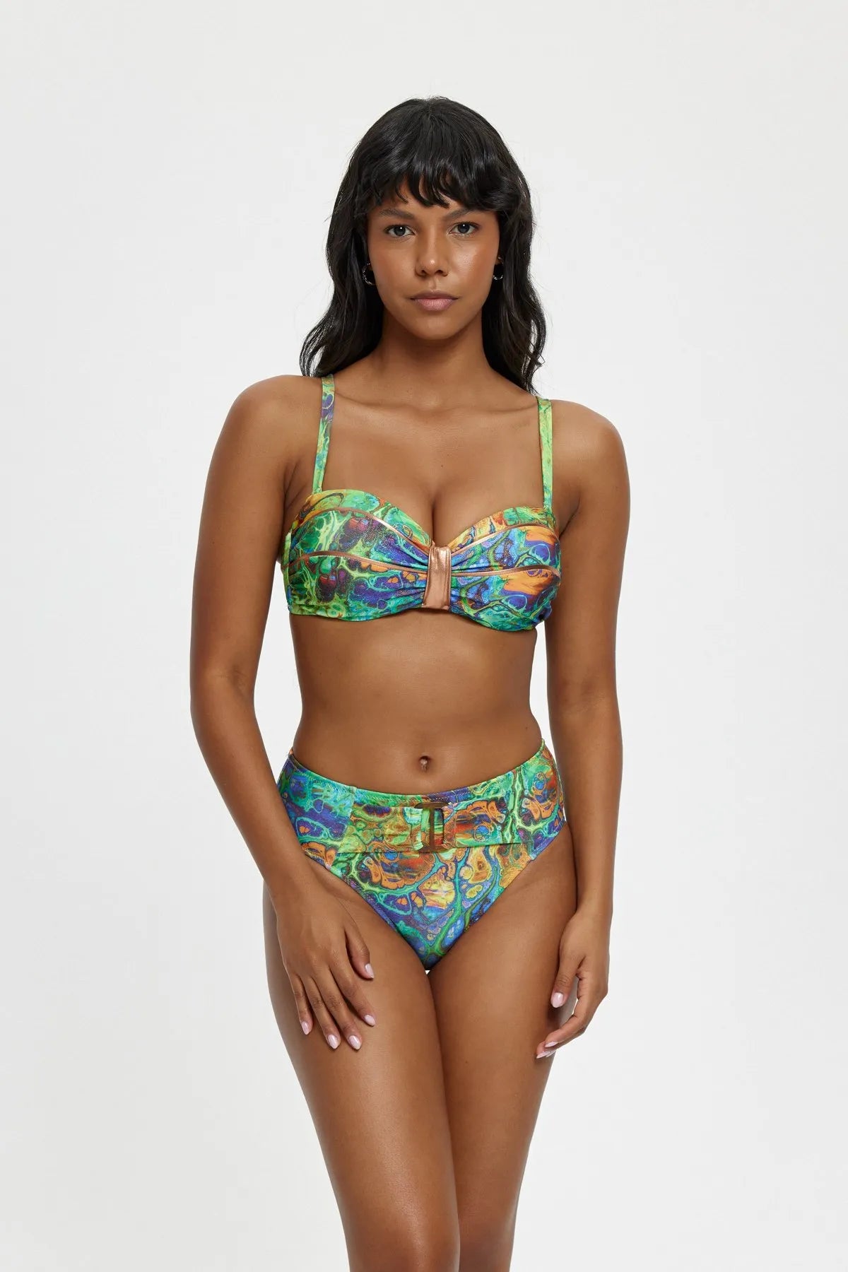 B11039 Biye Detaylı Boş Kaplı Straplez Bikini Takımı - Yeşil
