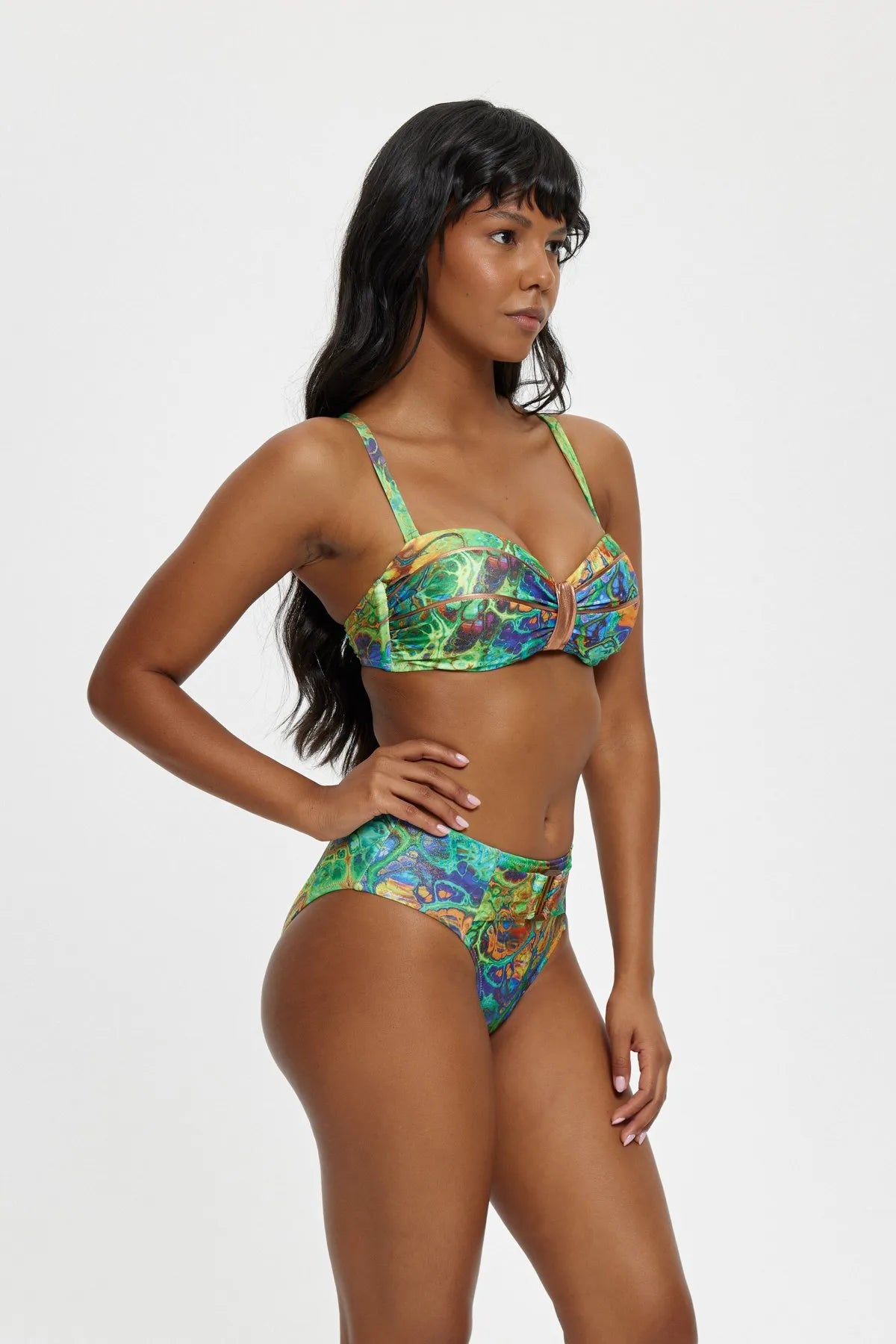 B11039 Biye Detaylı Boş Kaplı Straplez Bikini Takımı - Yeşil