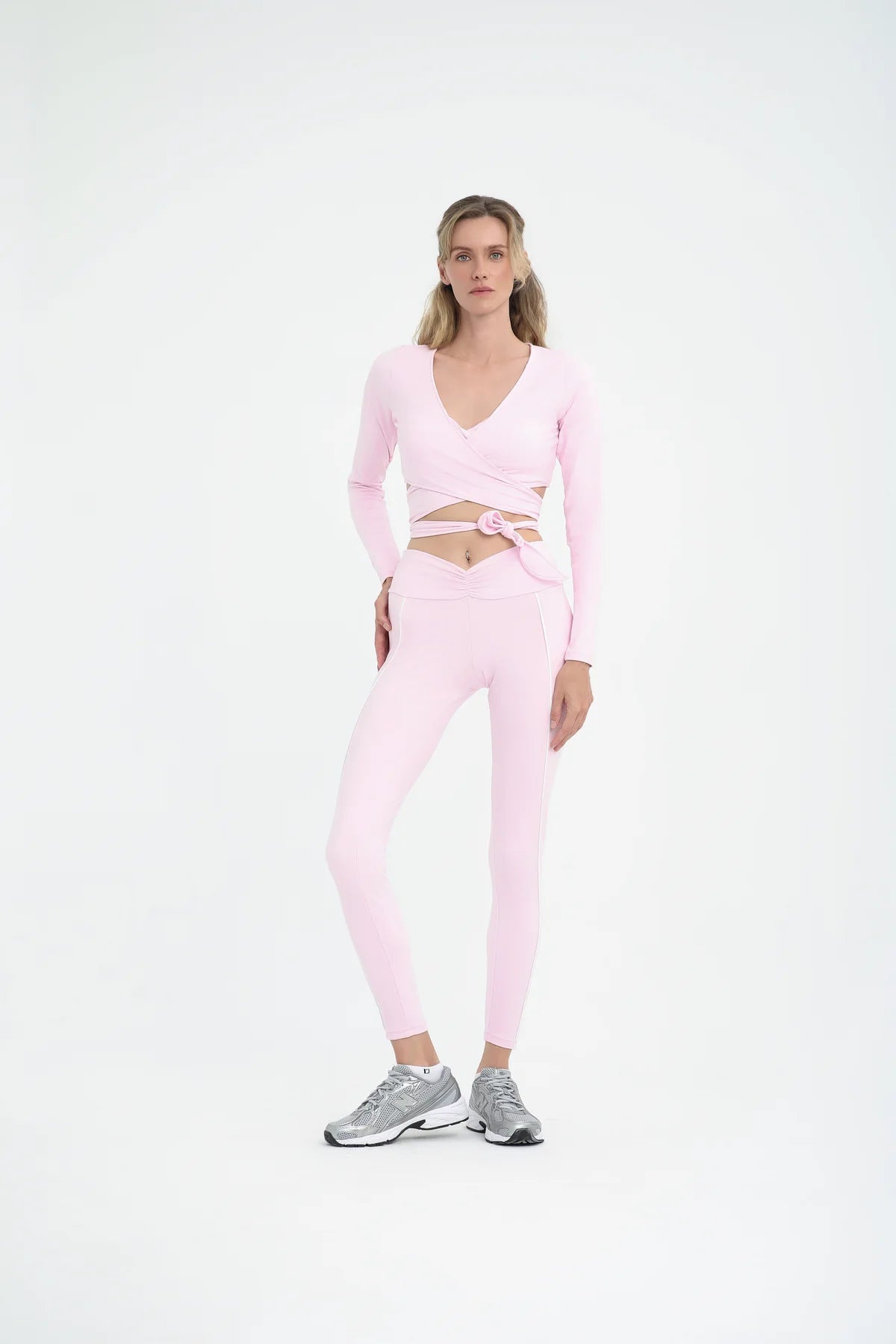 Biye Detaylı Önü Büzgülü Spor Tayt - Pembe