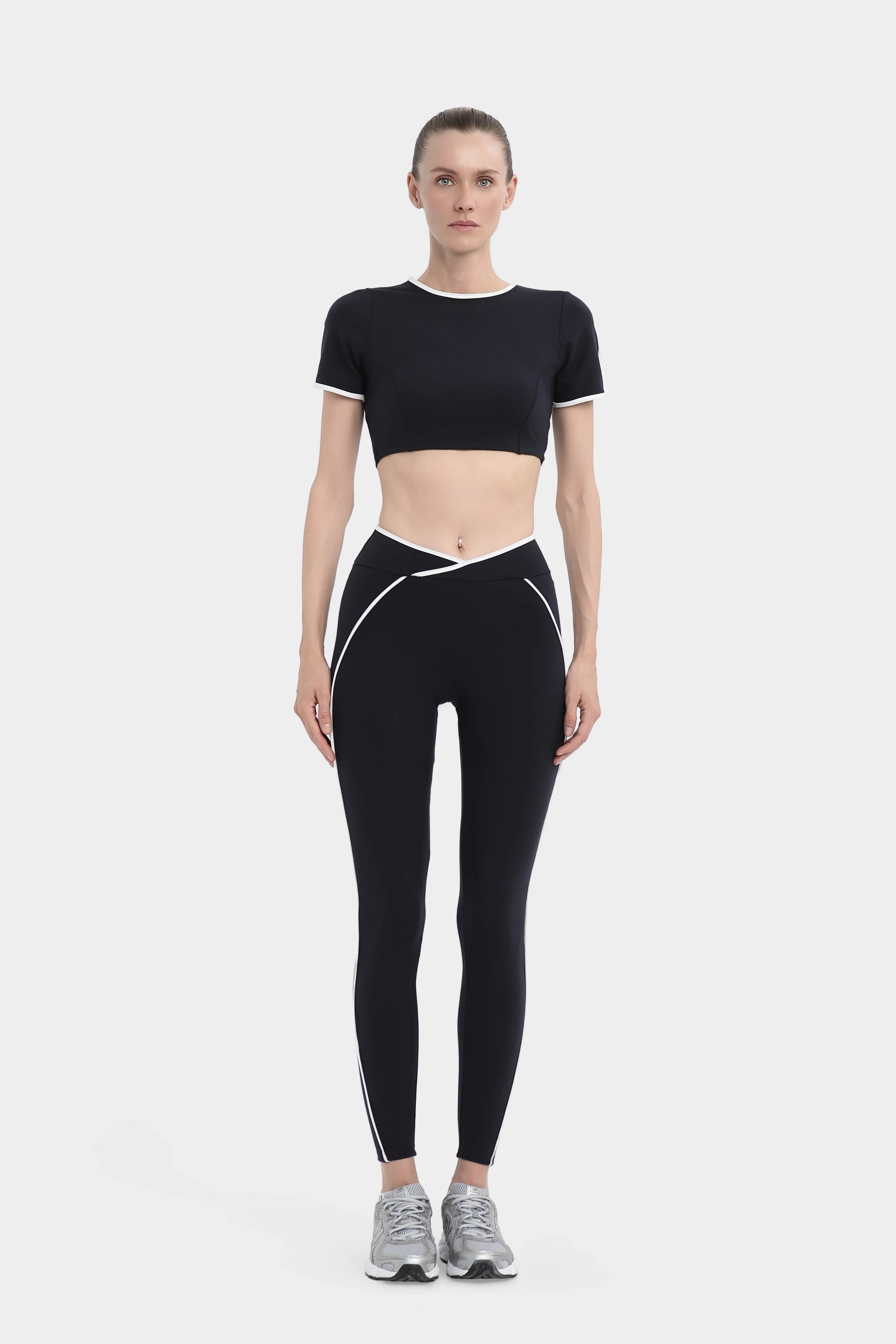 Beyaz Biyeli Yüksek Bel Uzun Spor Tayt - Lacivert