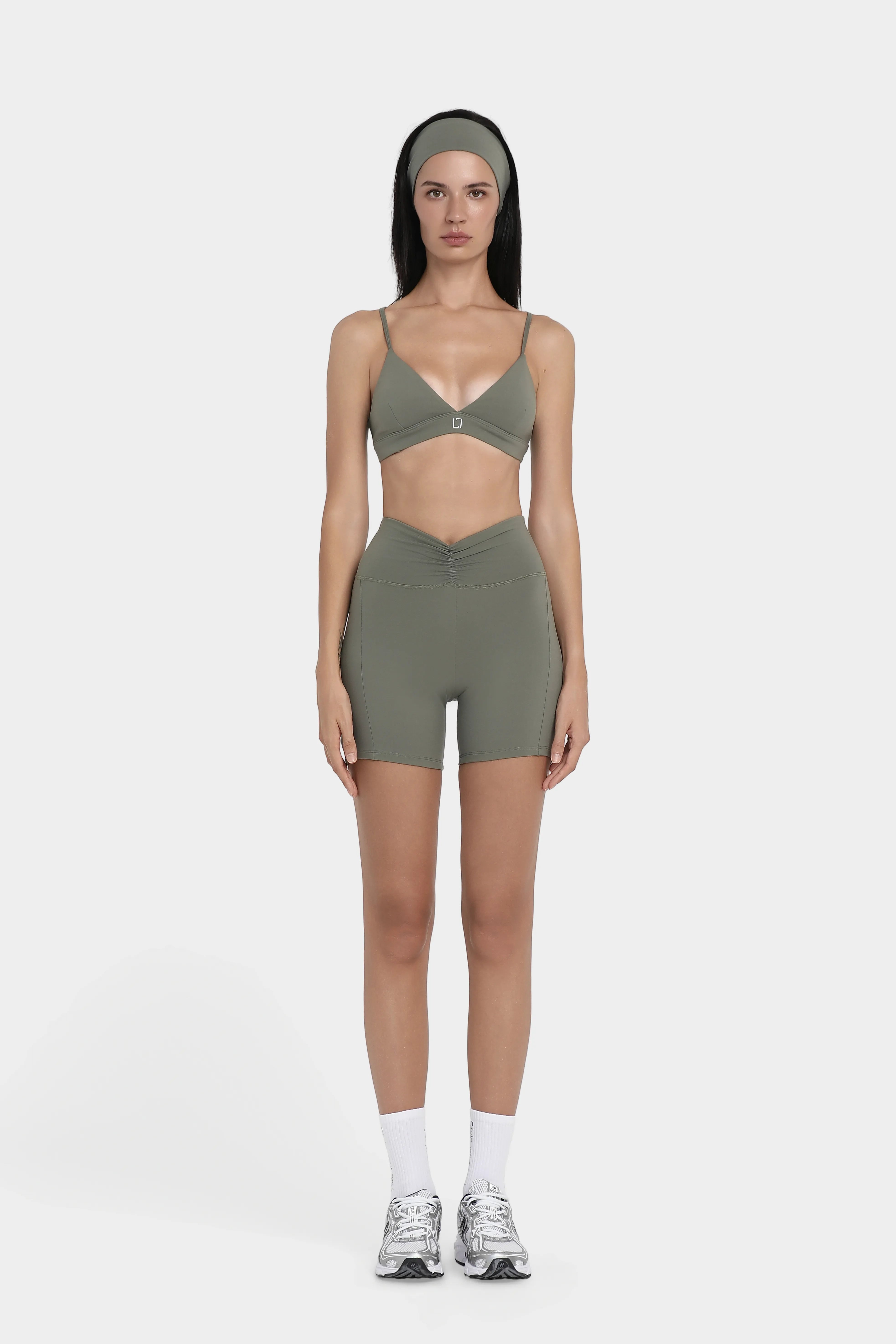 Büzgü Detaylı Yüksek Bel Spor Şort - Yeşil