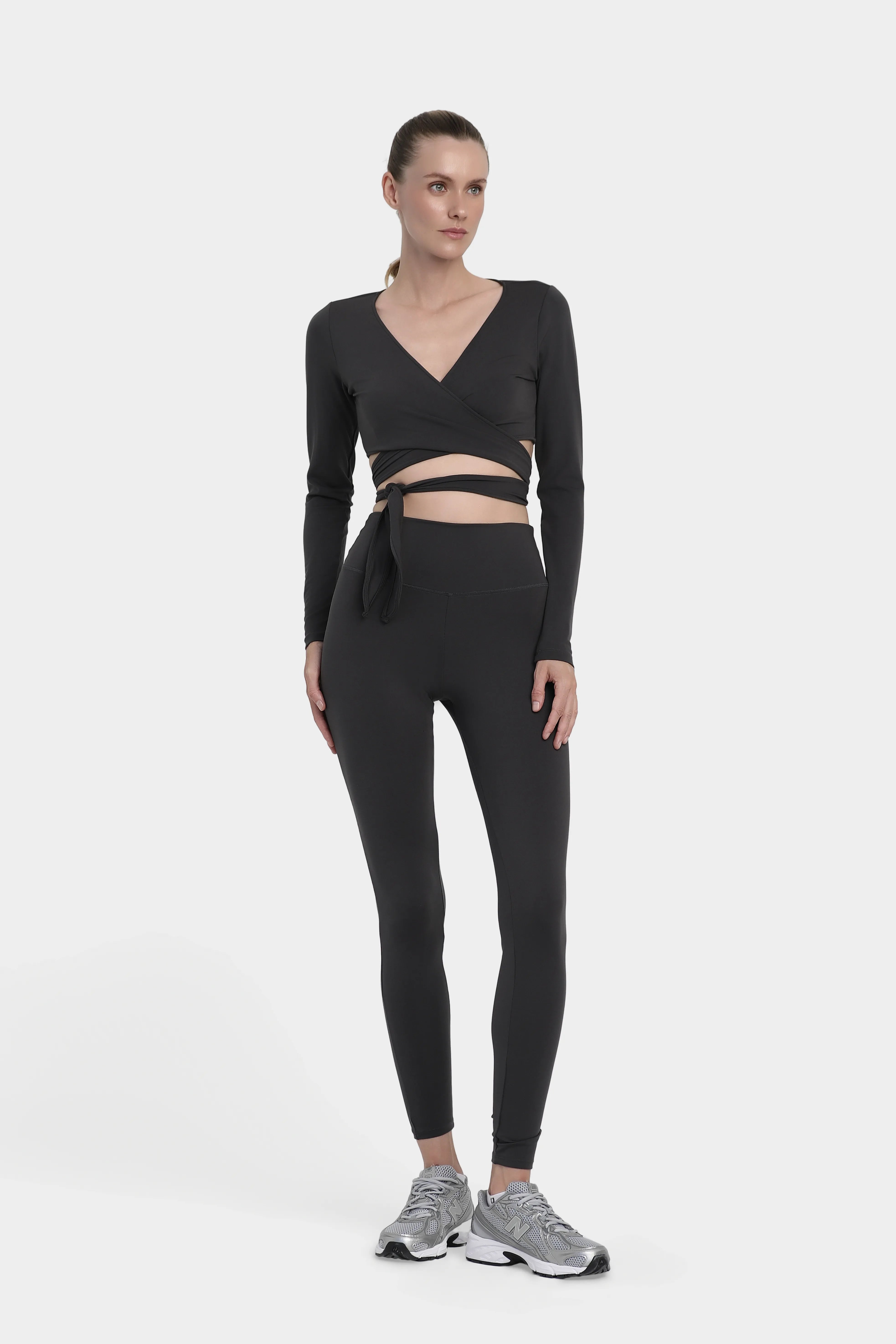 Büzgü Detaylı Yüksek Bel Spor Tayt - Antrasit