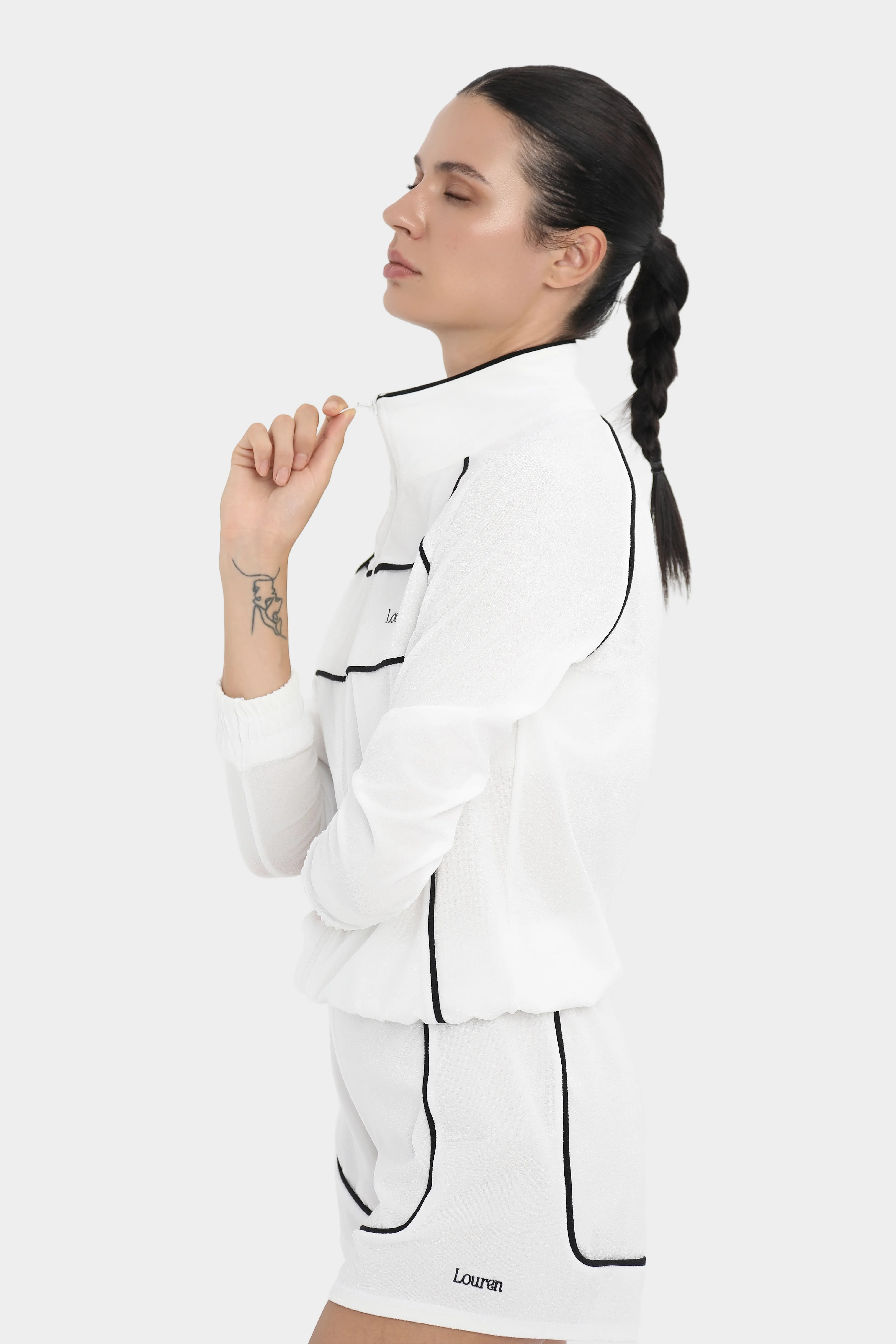 Kontrast Biyeli Fermuarlı Sweatshirt - Beyaz