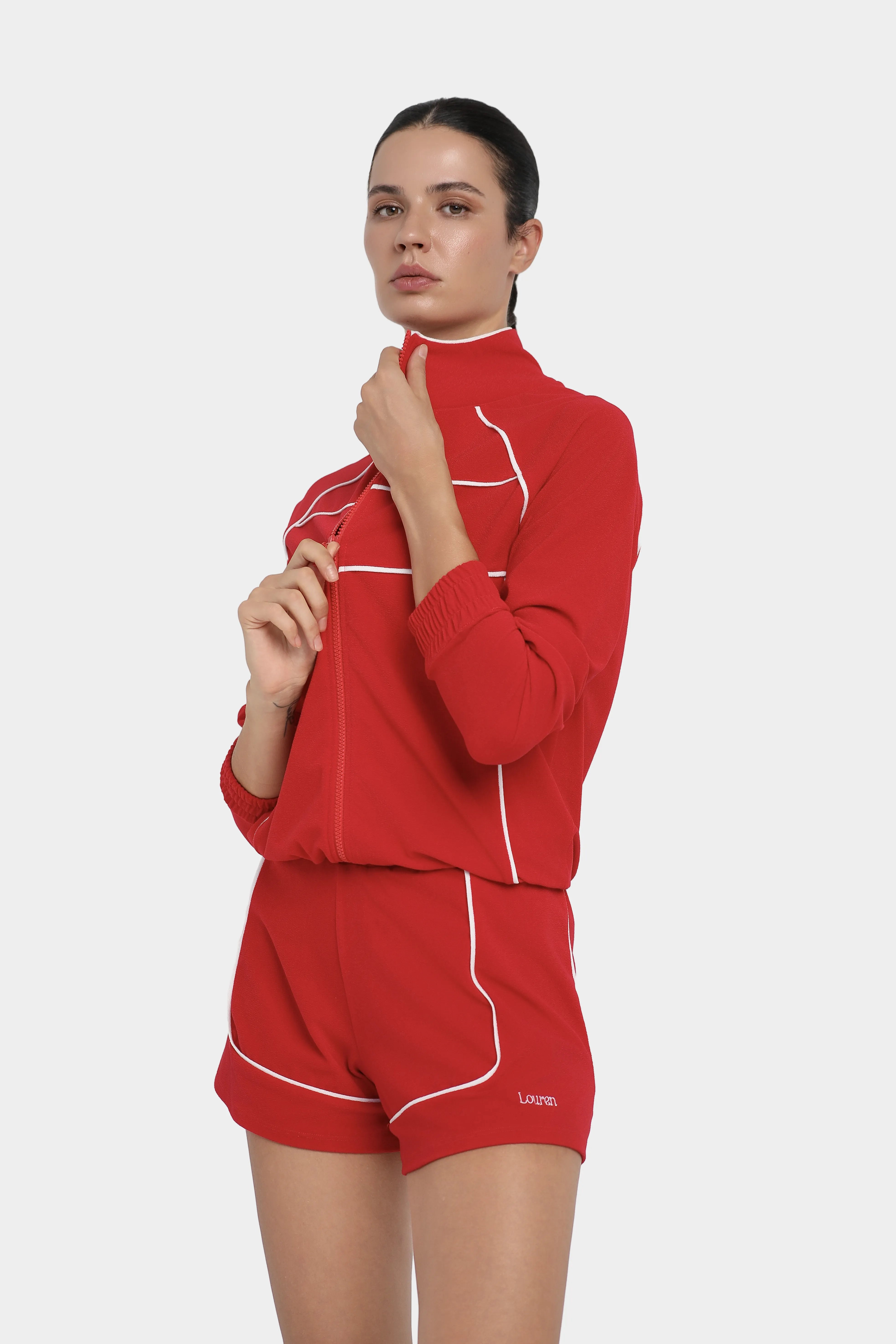 Kontrast Biyeli Fermuarlı Sweatshirt - Kırmızı